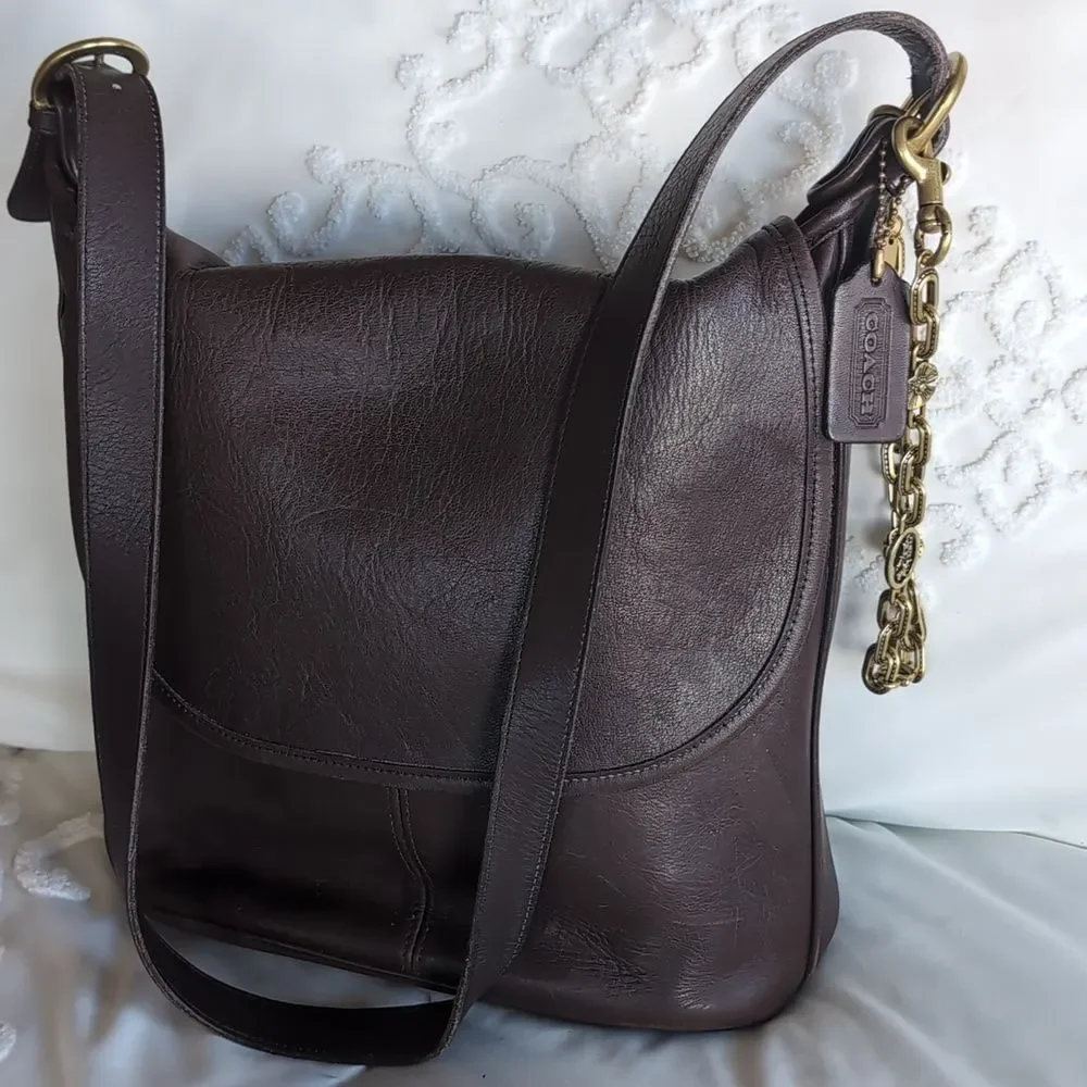 Vintage Coach Whitney Mahogany 🤎 Leather Large Crossbody With Gold Charm Chain